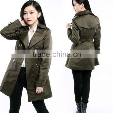 Women Wind Coats Turn Down Collar Double Breast Slim Trench Coat Green Navy Color