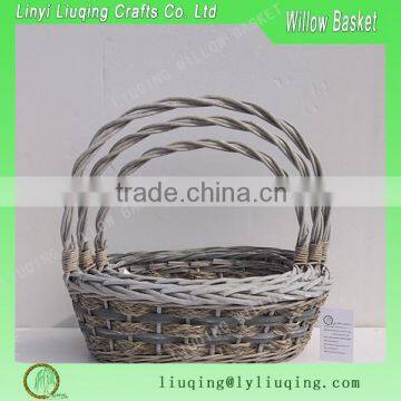 set 3 grey color long handle wicker flower baskets with papyrus