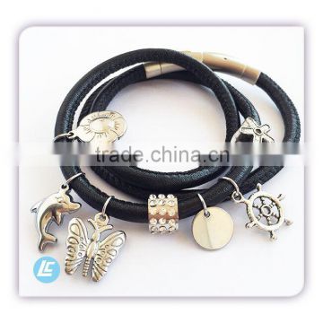 China produced dolphin shaped metal pendant cord black muti-layer leather charm bracelet