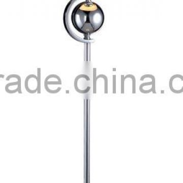 Chinese ball floor lamp with two metal ball in chrome finish with tapered white fabric lampshade