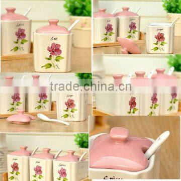 customize decal ceramic canister set with wooded holder and spoon