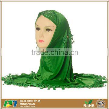 Arab Women Green Lace Jersey Cotton Ready to Wear Instant Hijab Scarf