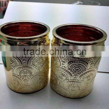 2015 glass candle container with copper decoration and many colors like copper candle container