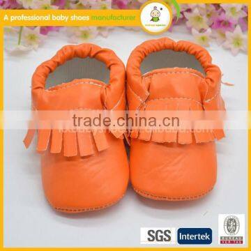 Very soft bright orange color baby moccasins wholesale soft sole baby leather shoes