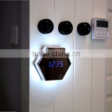 Mirror Glass Alarm Clock Blue LED Night Light Thermometer Digital Table or Wall Clock/Built-in Lithium Battery,don't put battery