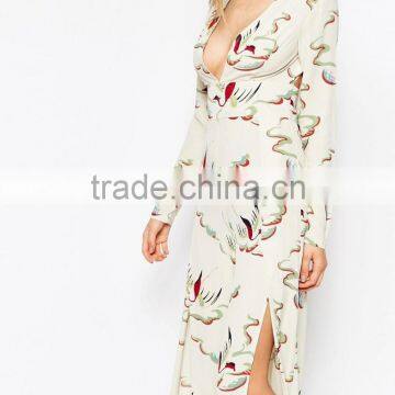 2015 China Factory OEM ODM Fashionable Customized Painterly Bird Print Jumpsuit With Thigh Splits photo-4