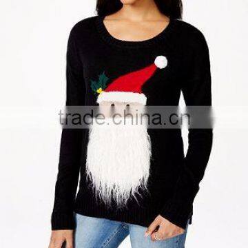 Women Black Sweater Fuzzy Beard Santa Claus Pattern Ugly Christmas Sweater Acrylic