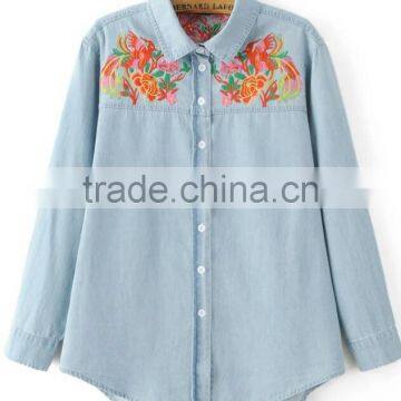Runwaylover EY2349B Europe Style 2017 Ladies Embroidery Washed Denim Blouse photo-3