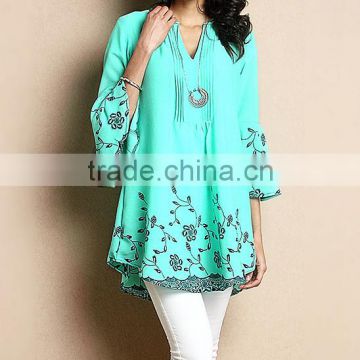 Factory Price Women Blouse With Turquoise Chiffon Notch Neck Bell-Sleeve Tunic Women Tops Women Clothing GD90426-7