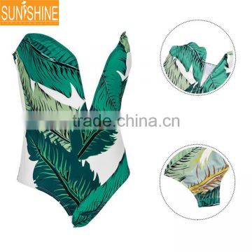 Tropical Leaf Printed Deep V Bandeau Plunge One Piece Monokini Swimsuit