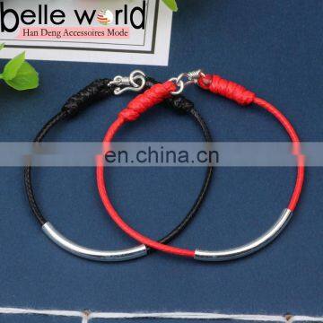 Fashion plain black Leather wire bracelet with silver tube and metal button clasp