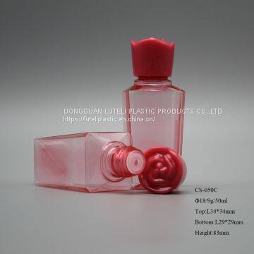 50ml red PETG plastic face toner square cosmetic bottle with plastic inner plug and screw cap