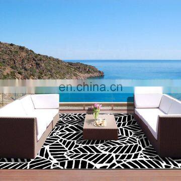 Eco-friendly Outdoor Rug Woven From Straws Make of Premium Recycled Plastic Cheap pp Straw Beach Mat Black and White Leaf photo-3