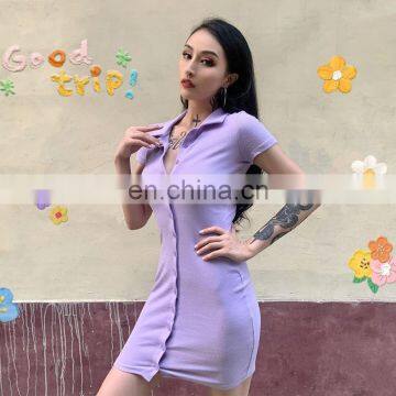 2020 Hot Sale Buttoned Hip Skirt Sexy Women's Short Sleeve Lapel Shirt Dress photo-3