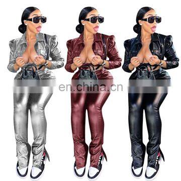 Fashion Sexy Women Casual Outfits Winter Overalls PU Leather Crop Shirt+Split Pant Tracksuit Two Pieces Set photo-2