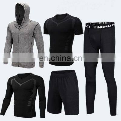 Gym Sports Quick Dry T-shirt Tights Five Pieces Suit Set Men's Running Fitness Clothes photo-4