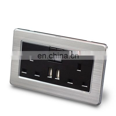 Hot sale UK 13A 146mm Stainless steel Panel Wall socket with 2 three-hole socket and 2 USB ports charge socket wall outlets