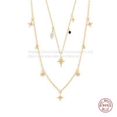 S925 Sterling Silver Octagonal Star Shaped Pearl Collarbone Necklace photo-2