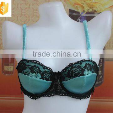 Blue satin mature bra,sexy lace full cup lady bra