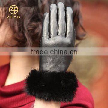 New style women winter soft fancy goatskin leather gloves with rabbit fur