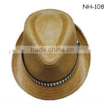 Brown straw fedora hat with the zabra PU decorate