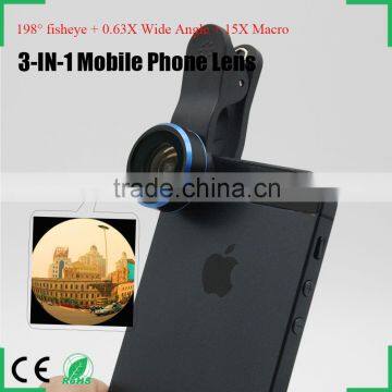 camera lens wide angle fisheye lens macro lens 3 in 1 lens kit for iPhone 6s samsung galaxy s6 s5 s4 htc one m7 m8 huawei p8