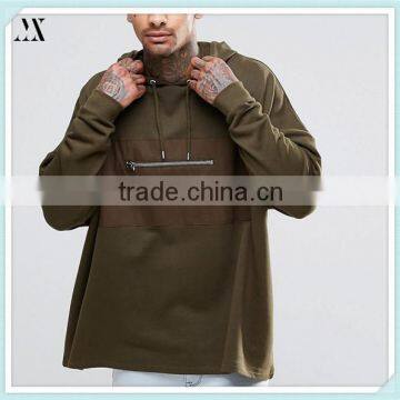 2016 Custom Wholesale Man Hoodie Long Line Hoodie With Woven Fabric In Khaki