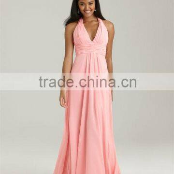 Floor-Length Halter Top Plunging Neckline Ruched Chiffon Baby Pink Bridesmaid Dress( BDAL-4023)