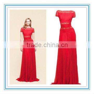 Fashion Short Sleeve Red Chiffon Evening Dresses From Dubai(EVFA-1136)