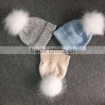 Custom mohair wool knitted winter hat wholesale fashionable hot selling with raccoon fur pompom