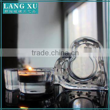 New design clear hand pressed heart shape Tealight Glass Candle Holder with frosted flower