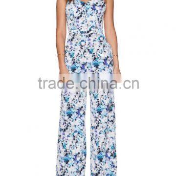 Floral print chiffion wide leg backless strappy sexy jumpsuit for women