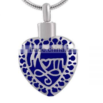 SRP8372-Blue Ancient Art Cremation Jewelry Filigree Mom Heart-Shaped Keepsake Pendant Stainless Steel Cremation Urn Pendant