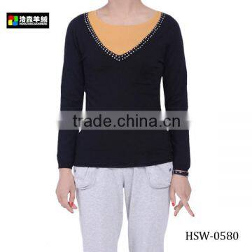 Fashion Deep V Neck Cashmere Sweater, Ladies Black Plain Tight Cashmere Sweater