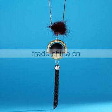 Red Bead Gold Hoop Pendant Long Chain Necklace Black Chain Tassel Necklace Pompon Necklace