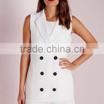 women fancy white sleeveless double breasted slim fit blazer