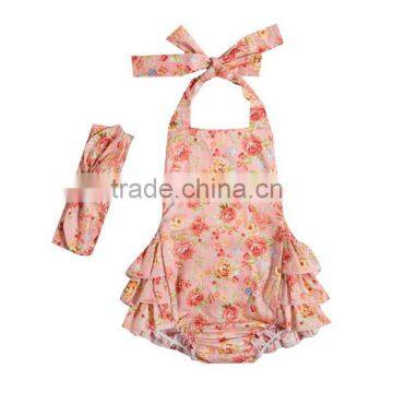Wholesale Boutique Baby Girls Floral Prints Pretty Kids Summer Backless Rompers With Headband photo-4