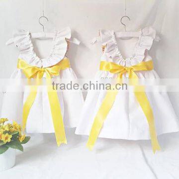 White Dress Girls Frocks Ruffle Sleeve High Waist Ribbon Summer Children Clothes photo-2