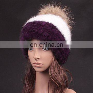 Wholesale lady mink fur knitting hat with large ball for fashion warm