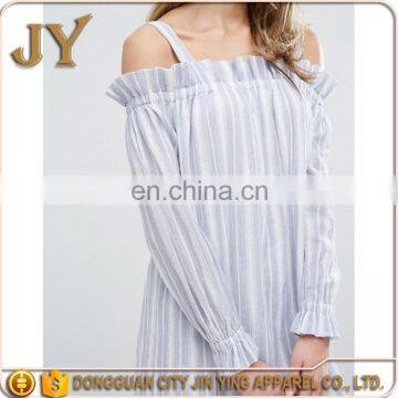 Blue and White Stripe Woven Dress Square Neck Cold-shoulder Design With Stretch Frill Trims Wholesale Items photo-5