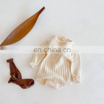 Spring and Autumn Bottoming Female Baby Baby Long-sleeved Knitted Romper Puff Sleeve One-piece Triangle Bag Fart Crawling