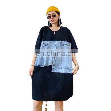 TWOTWINSTYLE Denim Patchwork Dress For Women O Neck Short Sleeve High Waist Oversize Hit Color Mini