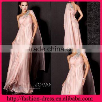 Elegant Pink Chiffon Floor Length Beaded One Sholder Evening Dress