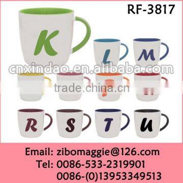 9oz Belly Shape Colored Zibo Made Porcelain Tea Cups with Letter Design for Wholesale