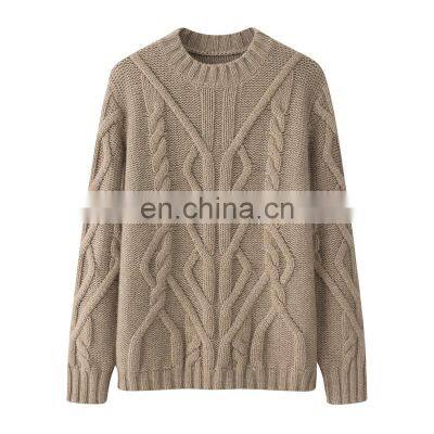 Custom 100% Cashmere Knitwear Crew Neck Women's Sweater Chunky Knitted Solid Pattern Crew Neck Pullover for Winter Casual Style