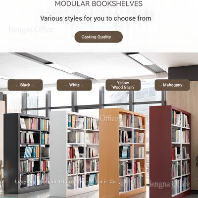 Modern Modular Bookshelf Adjustable Shelves Black White Wood Grain for Meeting Room Office photo-1