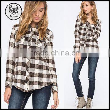 Autumn Black and Grey Tantan Long Sleeve Womens Plaid Flannel Shirt