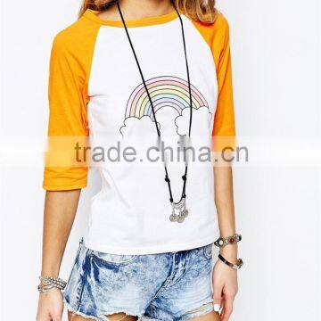 matching color raglan sleeve women T-shirt short sleeves women T-shirt OEM service