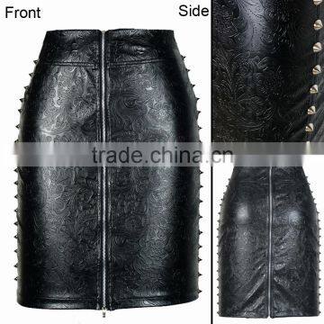 2016 Wholesale Women Fashion High Grade Punk Style PU Metal Zipper Rivets Tight Leather Pencil Skirt