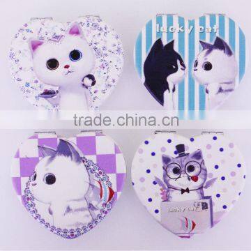 Wholesale Poppy cat heart shaped double side pocket mirror with leather coated,MB313